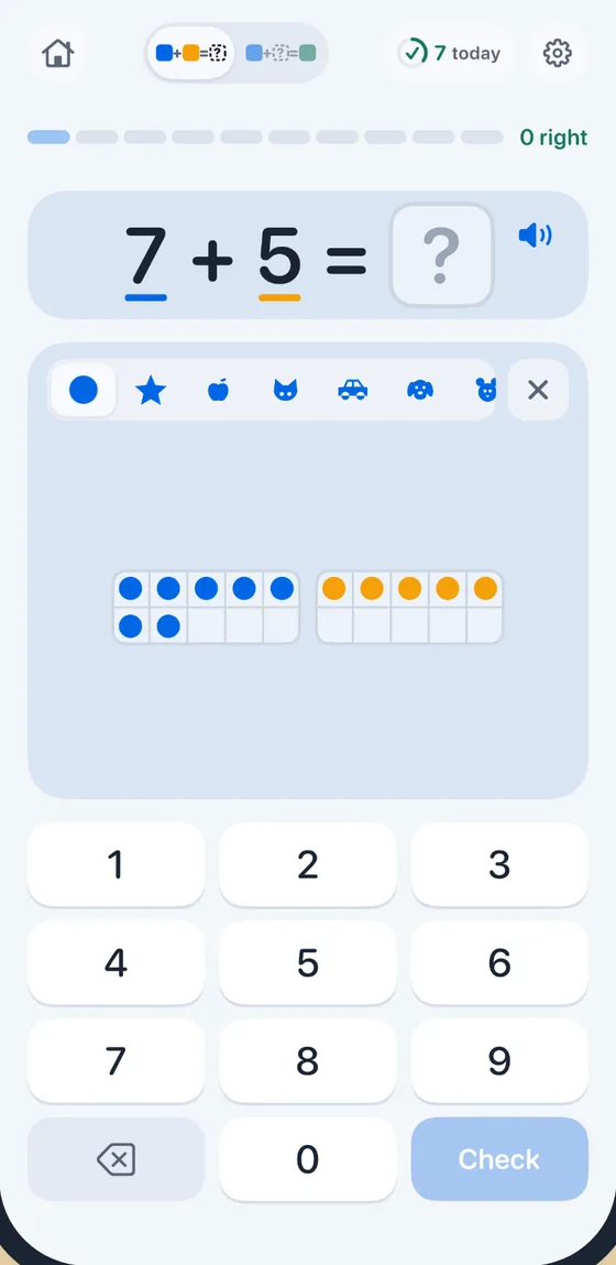 Eagerly Math on iPhone: 7 + 5, with Show me open on two ten frames