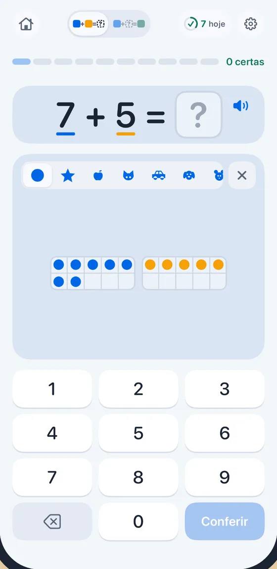 Eagerly Math no iPhone: 7 + 5, com “Me mostra” aberto em dois quadros de dez